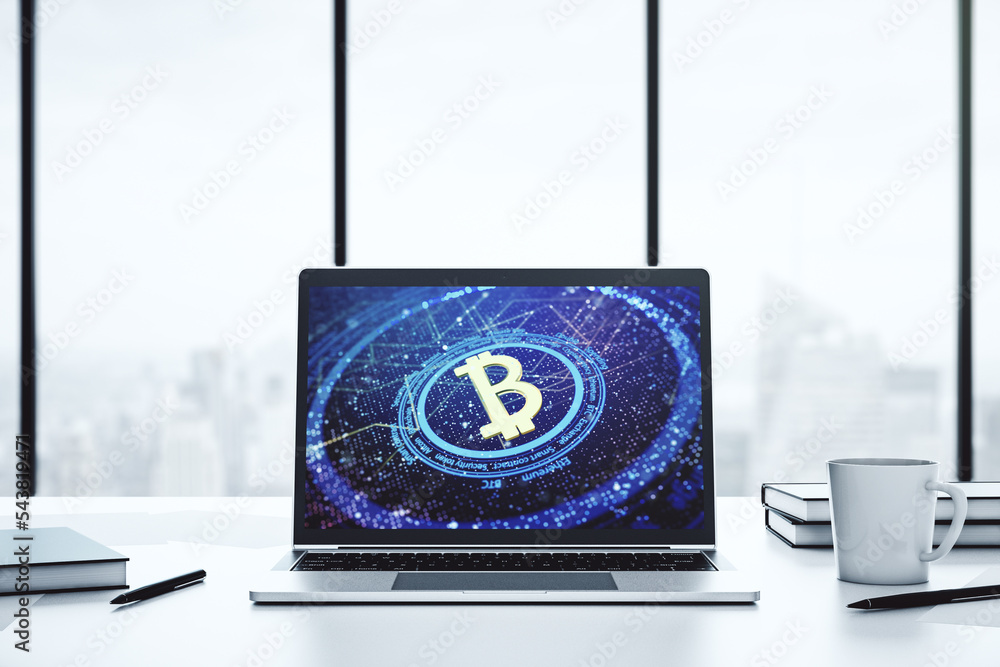 Poster modern computer monitor with creative bitcoin symbol. cryptocurrency concept. 3d rendering