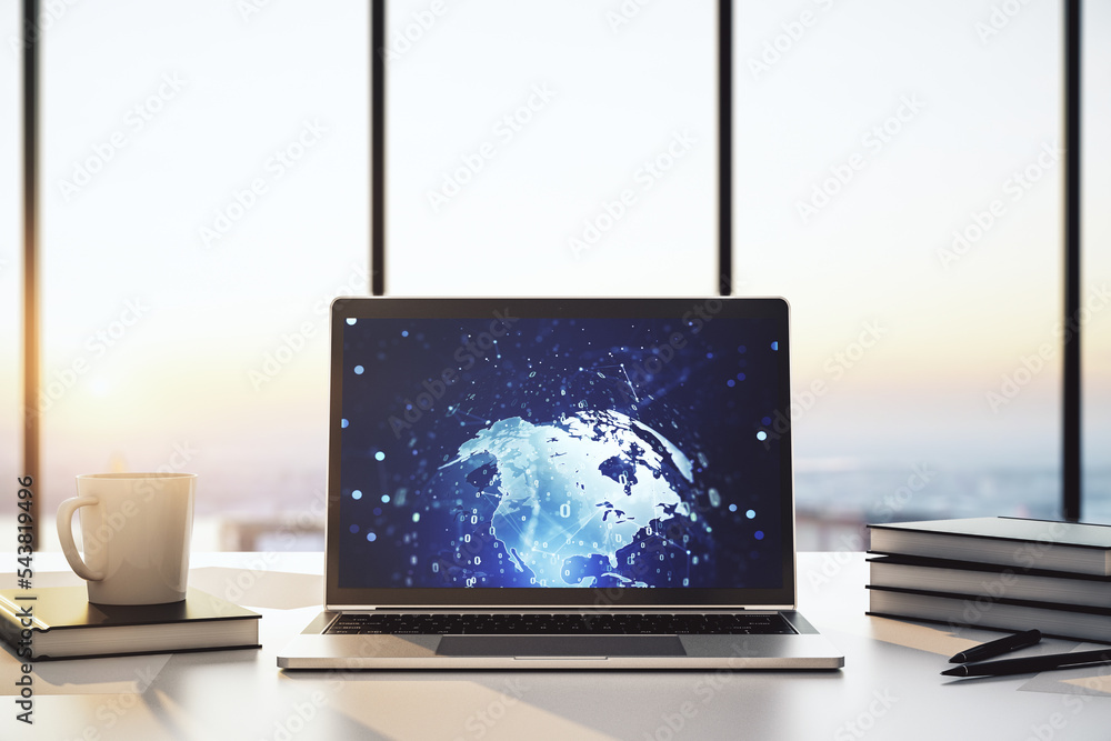 Aufkleber modern computer display with abstract programming language hologram and world map, artificial intell