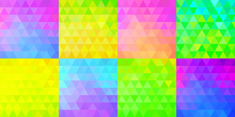 Bright vibrant geometric backgrounds set. Triangular patterns collection. Bright modern frames.