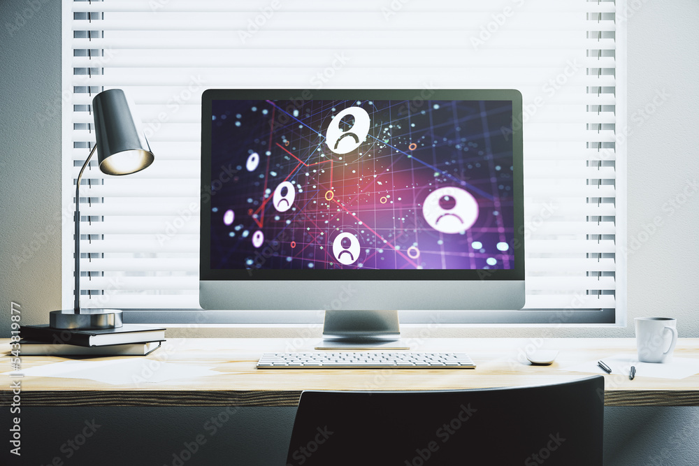 Poster modern computer display with social network icons concept. networking concept. 3d rendering