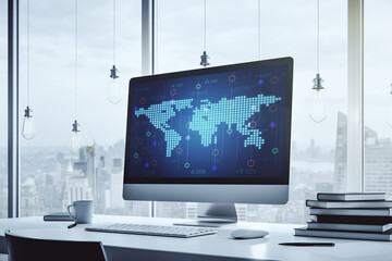 Modern computer display with abstract graphic world map, big data and networking concept. 3D Rendering