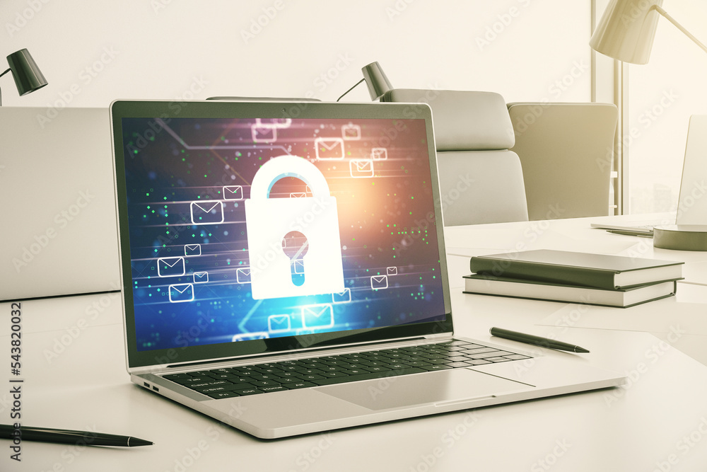 Poster Creative light lock illustration with postal envelopes on modern computer monitor, cyber security and email protection concept. 3D Rendering