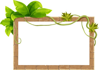 Stone brick frame border jungle decorated with liana, tropical leaves and grass ancient medieval in cartoon style, isolated on white background. Game decoration, menu
