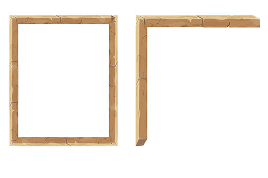 Set stone brick frame border, corner ancient medieval in cartoon style, isolated on white background. Game decoration, menu