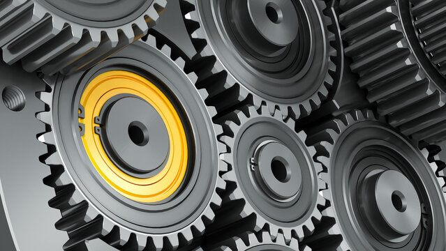 Dark wallpaper with black gears. Close-up of a gearbox with a special color detail. Mechanical industrial background with planetary gear. 3d illustration