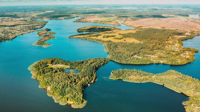 Belarus Nature Timelapse Dronelapse Hyperlapse 4K Aerial View Of Islands On Lakes In Summer Morning. Lepel Lake. Top View Of European Nature From High Attitude In Lyepyel, Lepel Lake, Beloozerny