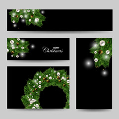 Festive background for christmas and new year, set of banners with fir branches on a black background, design element