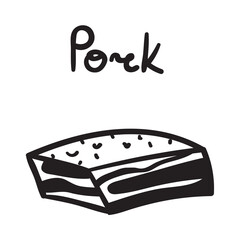 Pork. Food graphic design. Black color. Hand drawn illustration on white background.