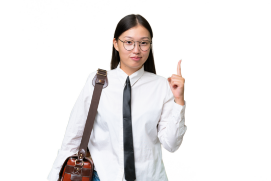 Young Asian business woman over isolated background pointing with the index finger a great idea