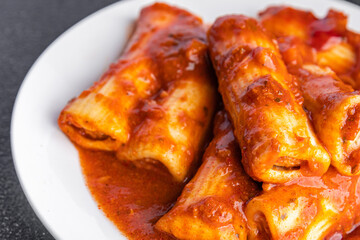 cannelloni pasta vegetarian dish stuffed vegetable tomato sauce healthy meal food snack diet on the table copy space food background