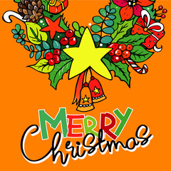 Merry Christmas greeting card or banner. Concept Merry Christmas, Happy New Yeur. Cartoon flat design. 