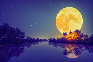 Huge full moon with light shining in the water rising on the beach at dusk. Vector illustration