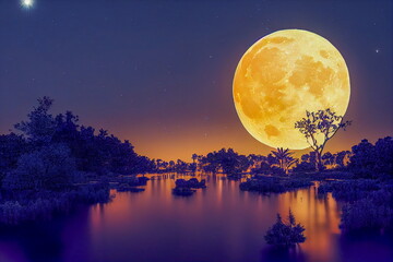 Fototapeta na wymiar Huge full moon with light shining in the water rising on the beach at dusk. Vector illustration