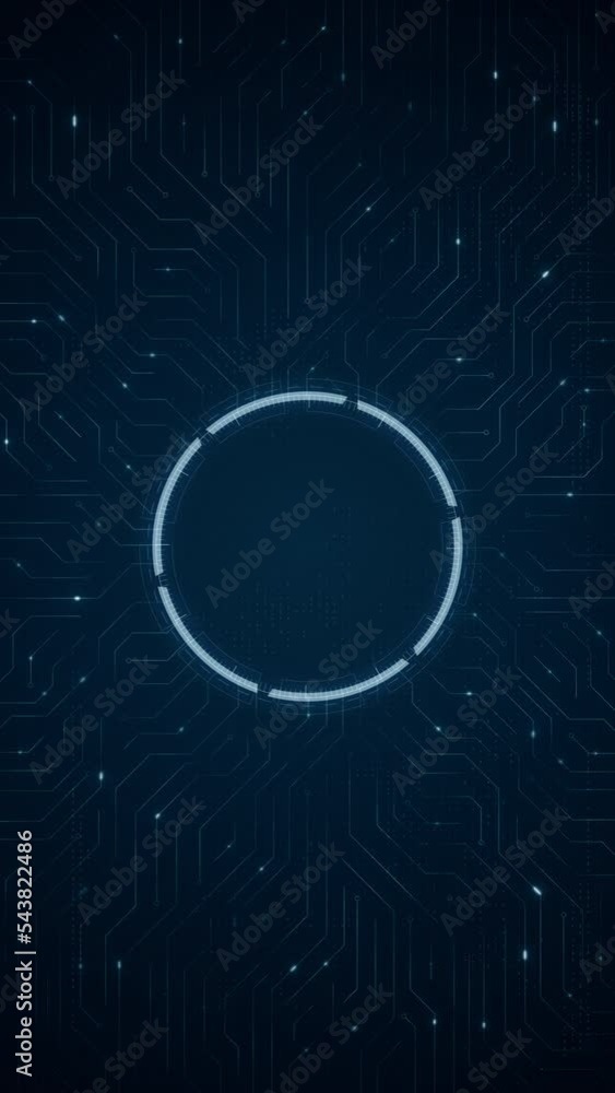 Poster motion graphic of blue circuit board with futuristic technology circle hud and data transfer on abst