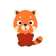 Cute red panda sitting and holding heart on white background. Cartoon animal character for kids t-shirt, nursery decoration, baby shower, greeting card, house interior. Vector stock illustration