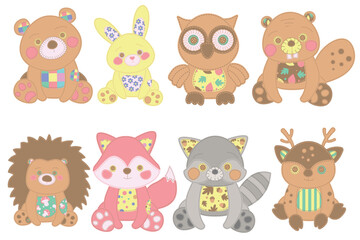  Forest animals. Illustration of forest animals on white patchwork background. Vector. For print, web design.