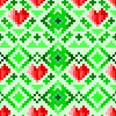 seamless mosaic pattern of heart and square shapes with pink and green colors for the background