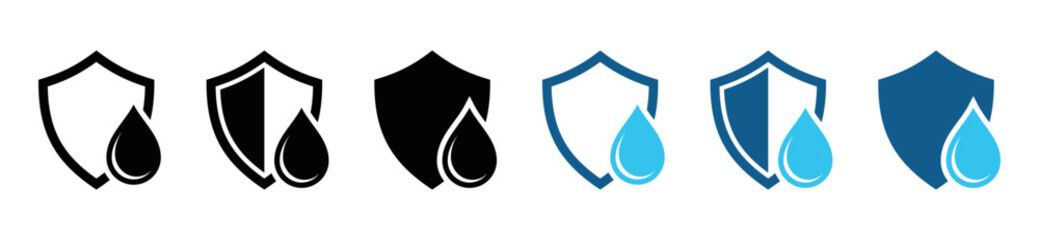 Shield waterproof icon set. Protection from water or water protection or protect from wet icon. Shield protector, secure, protect, scutum, safeguard sign, vector illustration