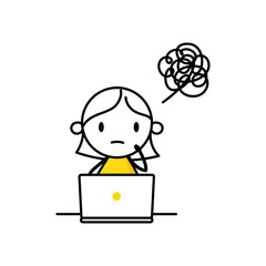 Unhappy woman with laptop busy to finish project within deadline. Tired office worker. Work stress, fatigue from overworked, anxiety or exhaustion, headache concept. Vector stock illustration