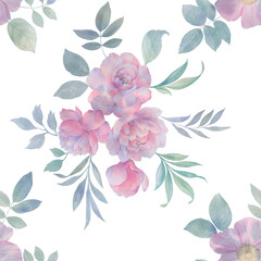 Delicate peony flowers with leaves, seamless watercolor pattern. abstract bouquet for design, botanical background