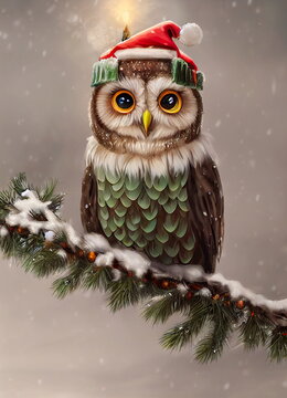 Christmas fantasy concept of an owl sitting on a branch in winter. digital art style, illustration painting