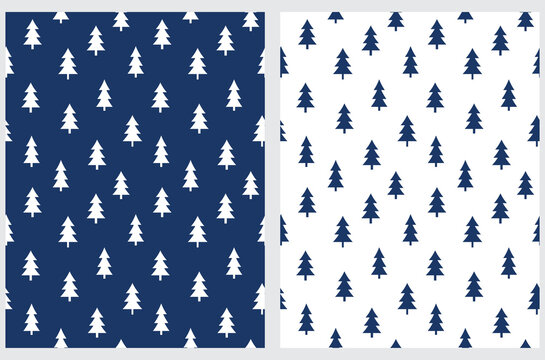Simple Infantile Style Christmas Trees Seamless Vector Patterns. Dark Blue Forest Print. Abstract Pines on a White and Dark Navy Blue Background. Christmas Tree Repeatable Design.