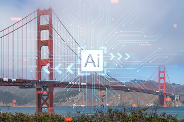 The iconic view of the Golden Gate Bridge from South side, day time, San Francisco, California, United States. Artificial Intelligence concept, hologram. AI, machine learning, neural network, robotics