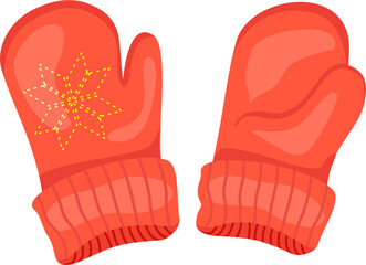 Red mittens. Knitted mittens flat style clip art. Snowflakes on mittens. Isolated on white background vector illustration