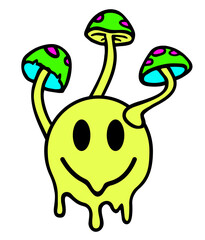 Trippy smile face, amanita mushroom. Vector 90s style cartoon.Trippy smile smiley face, amanita mushroom concept
