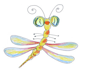 Dragonfly cartoon style drawing. Funny character.