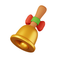 Gold school bell with red bow isolated. Merry Christmas icon concept. Cute cartoon style 3D Render Illustration