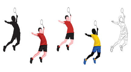 Fototapeta na wymiar boys playing badminton vector illustration isolated on white background. Friends sport fun. Badminton players in action. 