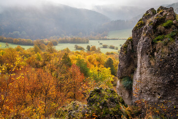 Mountain rocky landscape in autumn foggy morning. The Strazov Mountains Protected Landscape Area, Slovakia, Europe.