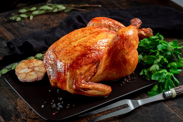 Whole grilled chicken with golden crust on a black tray. Baked chicken for a festive dinner