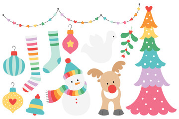 set of colorful rainbow christmas elements
