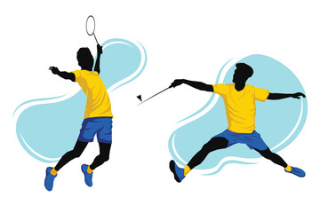 Fototapeta na wymiar boys playing badminton vector illustration isolated on white background. Friends sport fun. Badminton players in action. 