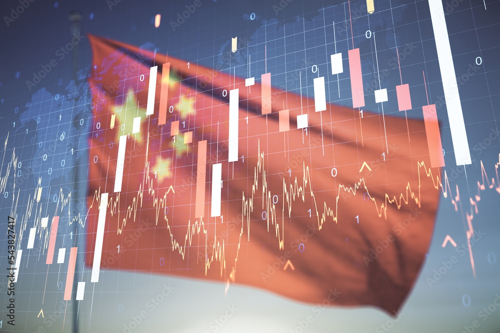 Poster multi exposure of virtual abstract financial graph hologram and world map on chinese flag and sunset