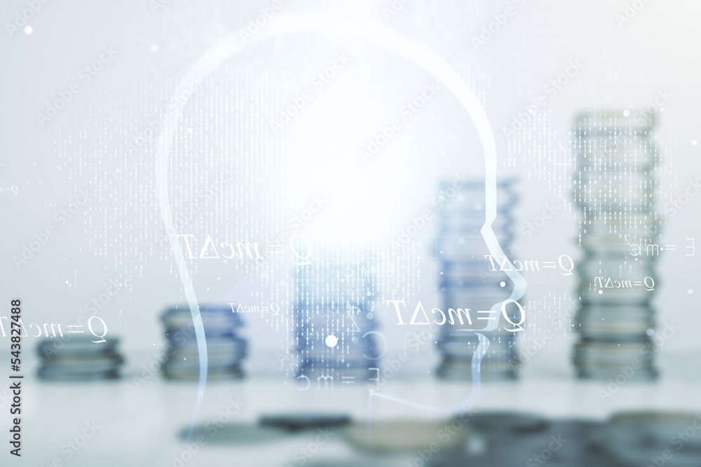Poster abstract virtual artificial intelligence interface with human head hologram on stacks of coins backg