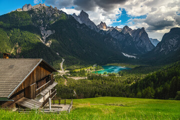 Fototapeta na wymiar Toblacher see lake view from the hill, Dolomites, Italy