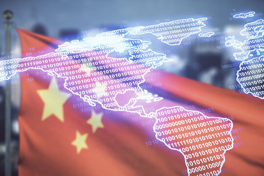 Virtual digital map of North America on flag of China and blurry skyscrapers background, international trading concept. Multiexposure