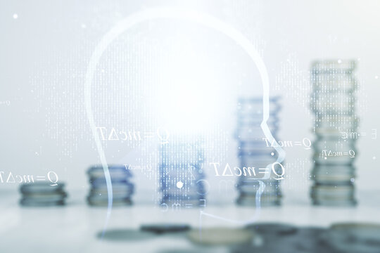 Abstract virtual artificial Intelligence interface with human head hologram on stacks of coins background. Multiexposure