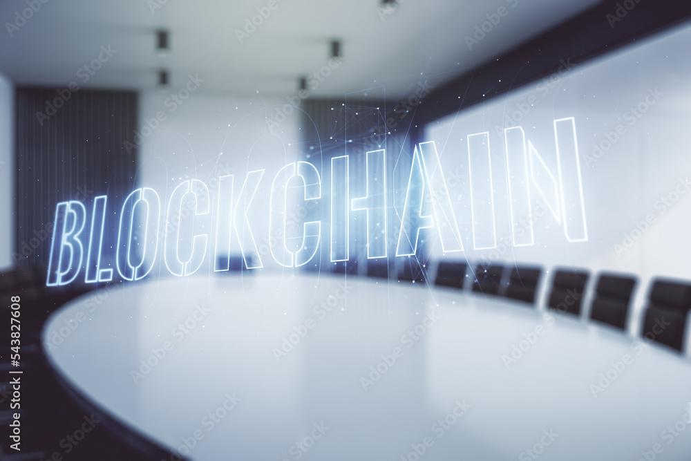 Poster abstract virtual blockchain technology hologram on a modern conference room background. digital mone