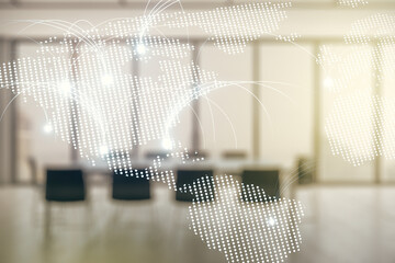 Double exposure of abstract digital world map hologram with connections on a modern meeting room background, research and strategy concept