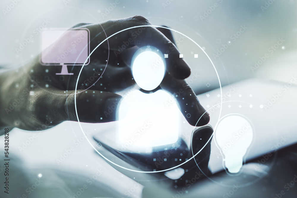 Aufkleber double exposure of social network icons concept and hand working with a digital tablet on background