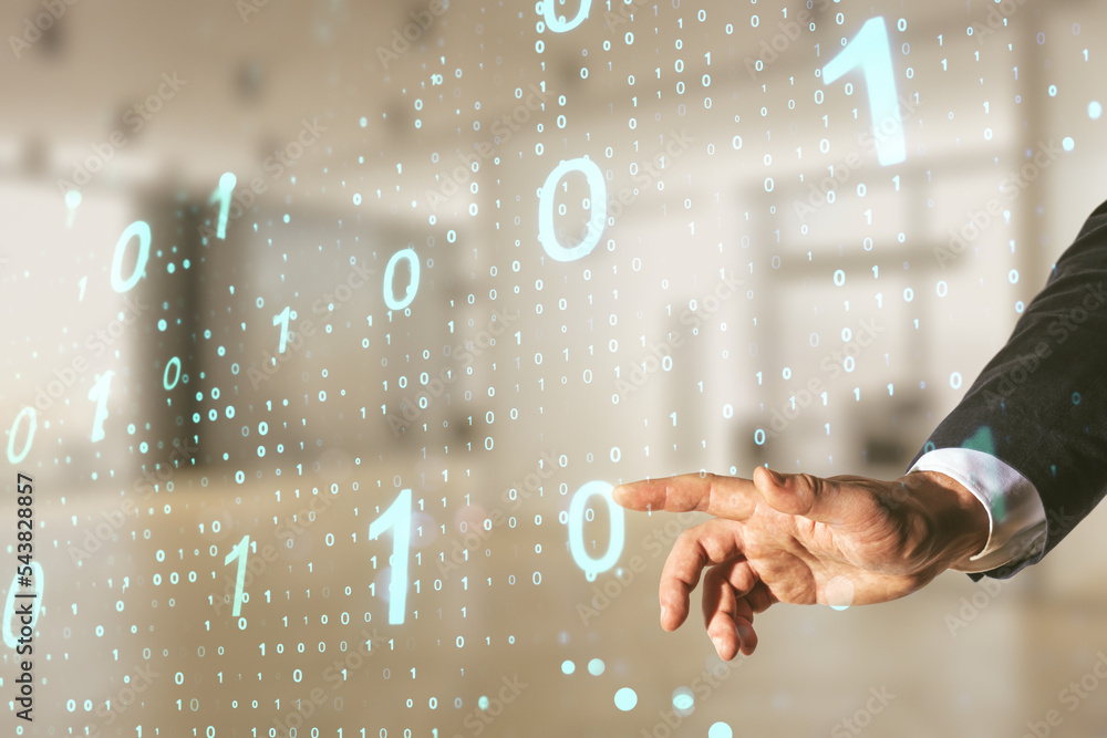 Aufkleber male hand working with abstract virtual binary code sketch on blurred office background, hacking and