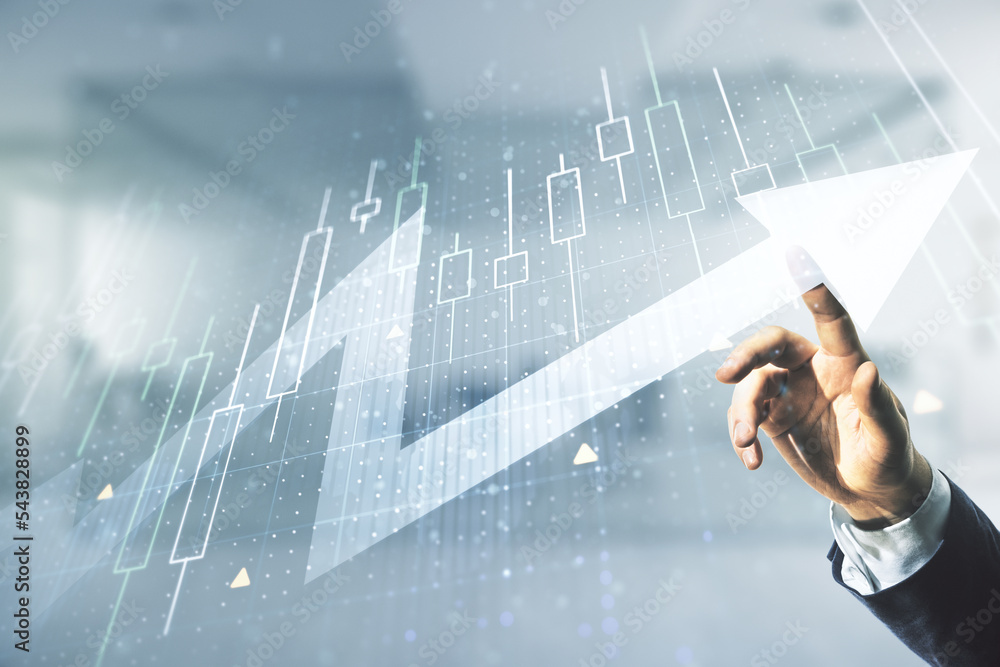 Poster double exposure of man hand working with abstract creative financial diagram and upward arrow on blu