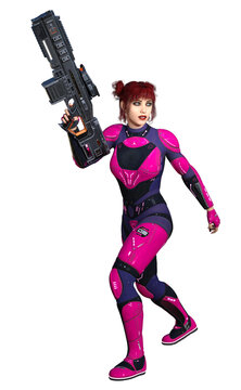 futuristic warrior woman with rifle, 3d illustration