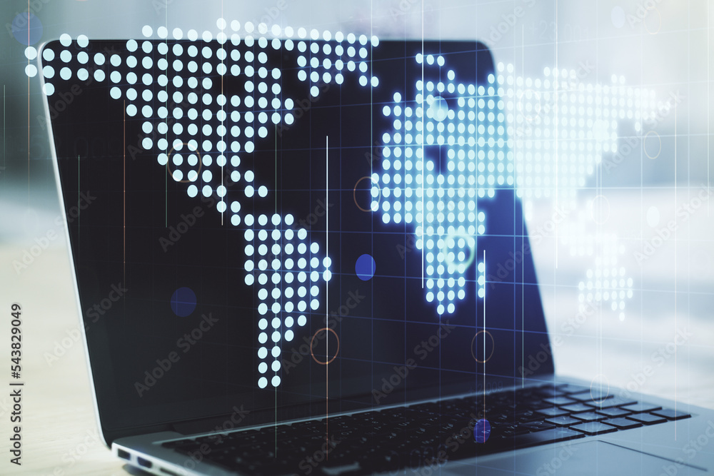 Poster multi exposure of abstract creative digital world map on laptop background, research and analytics c