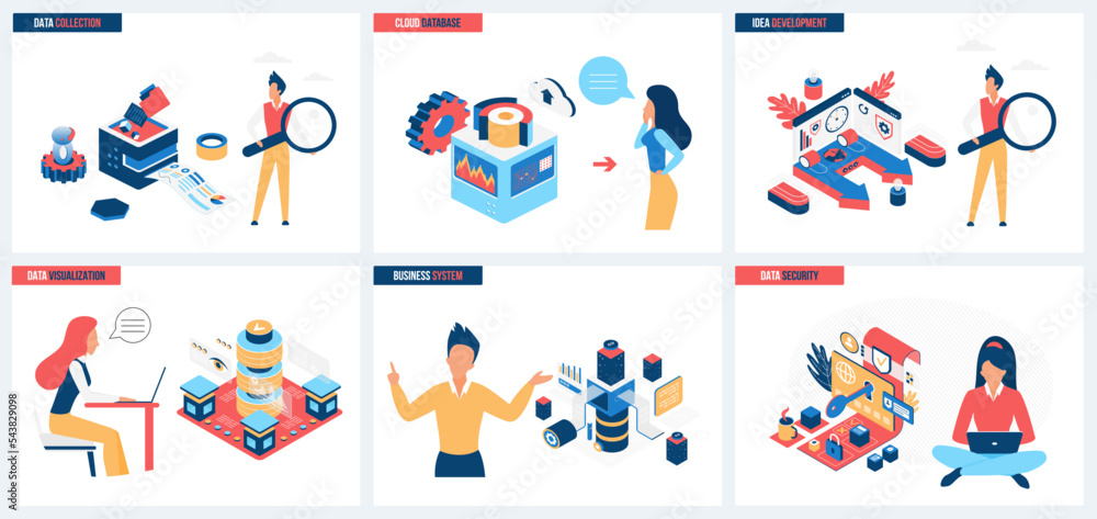 Poster visualization and online data collection, analytics, idea development and security set vector illust