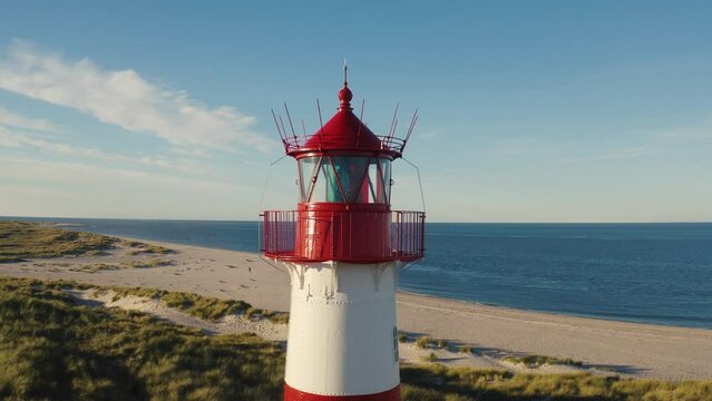 Sylt, Lighthouse Ellenbogen, Northernmost point of Germany. Schleswig-Holstein, North Sea. 4K drone. Beautiful tourist destination and attraction from above.